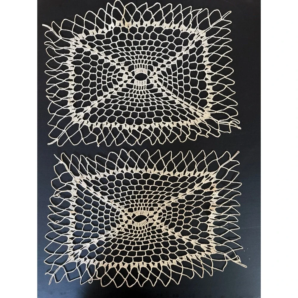 Vintage Hand Crochet Doilies Set of 2 Cream Cotton Lace Rectangular Table Linens